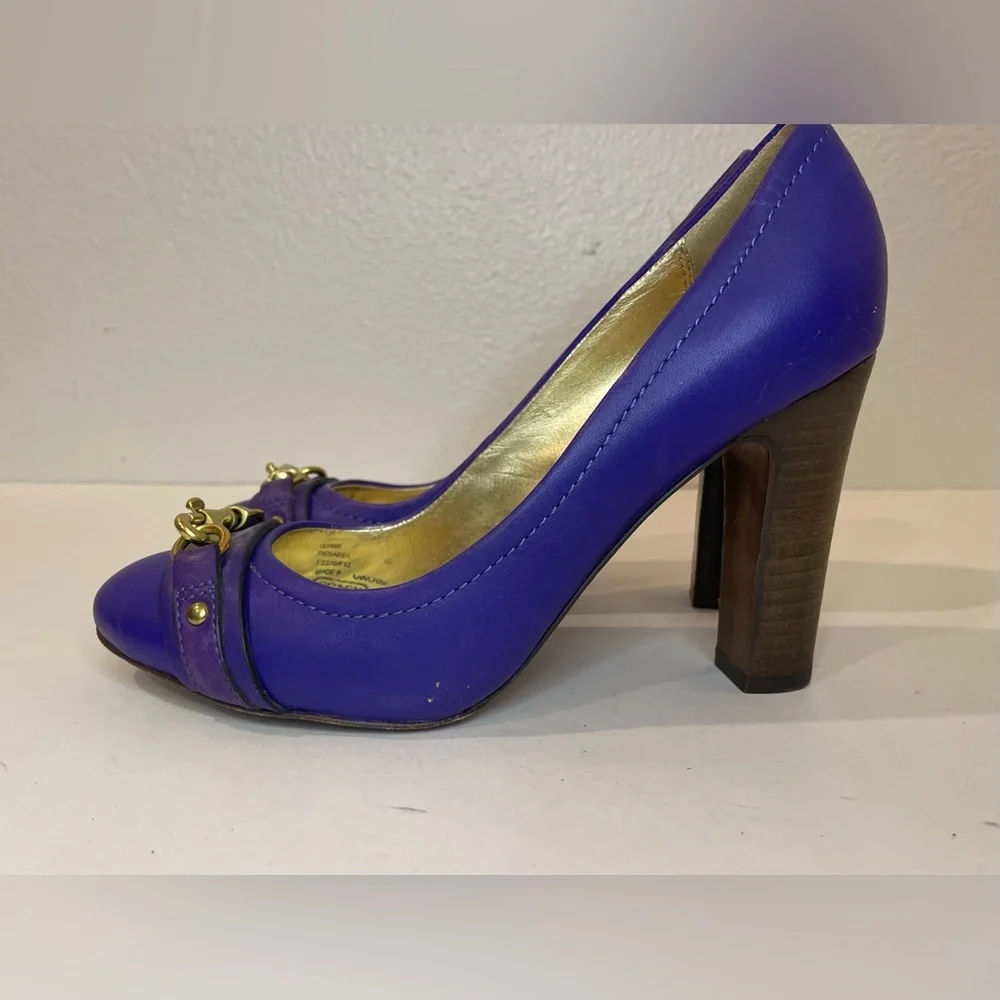 Coach Desaree Purple Bock Heel Pumps Gold Hook‎ Buckle Accent Heels Size 6 B